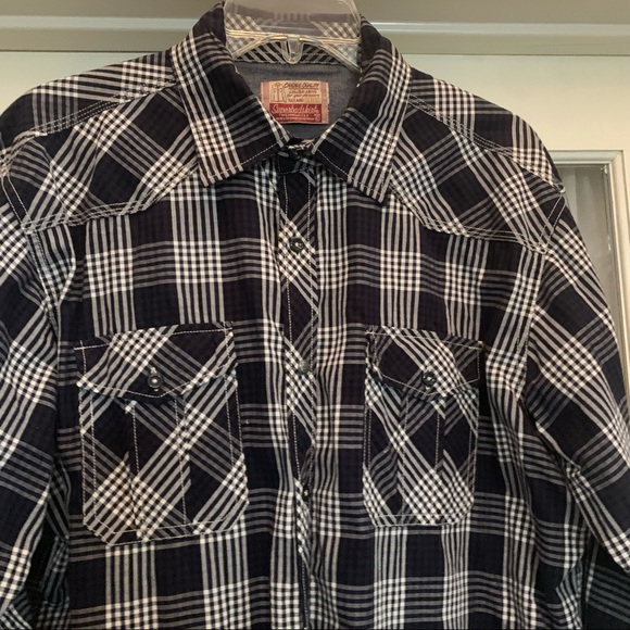 SUPER BAD SHIRT CO navy and black plaid long sleeve button-down shirt Size L - Picture 5 of 15